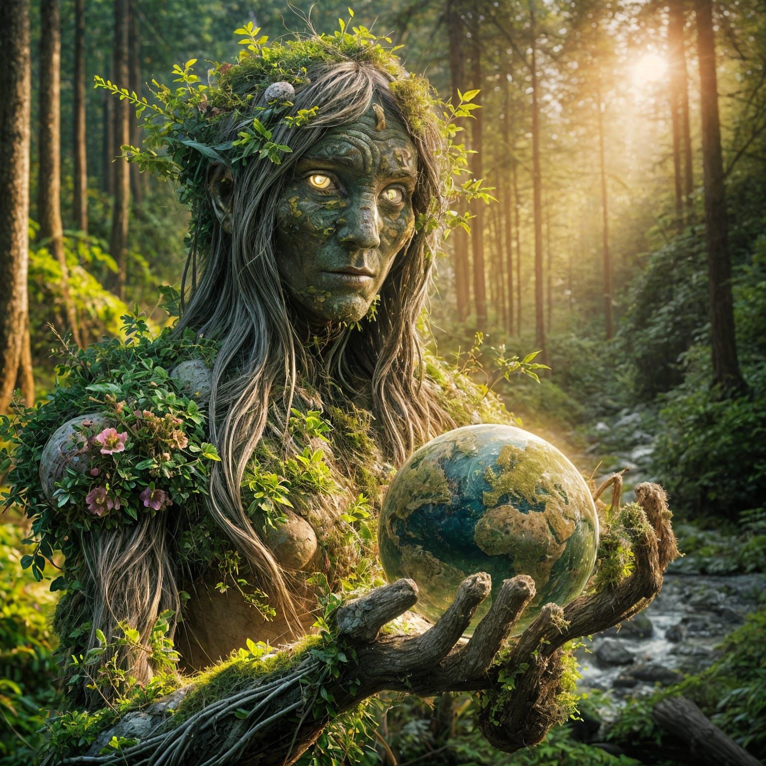 Earth Spirit Holding Globe of Vegetation in Forest