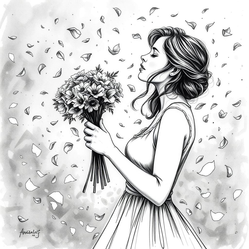 Elegant Woman Surrounded by Floral Delights in Ink Line Art