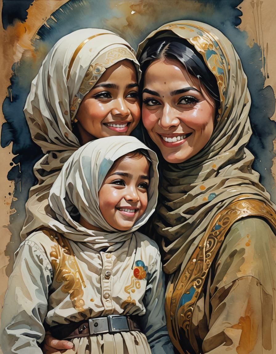Sympathetic Muslim Mother and Daughter in Sci-Fi Watercolor