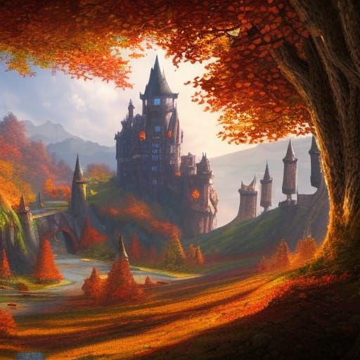 Fantastical Autumn Castle in Detailed Matte Painting