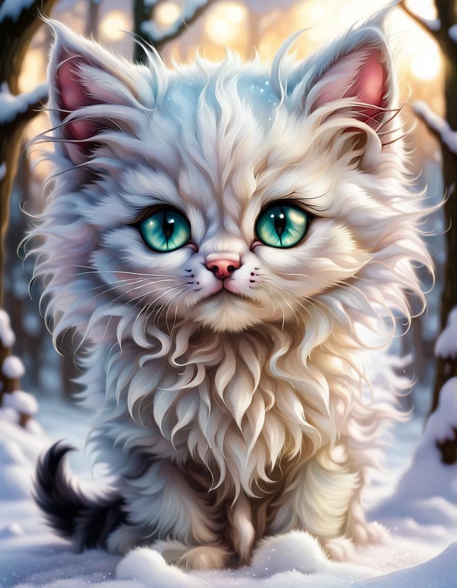 Fluffy Kitten in Snow with Iridescent Eyes
