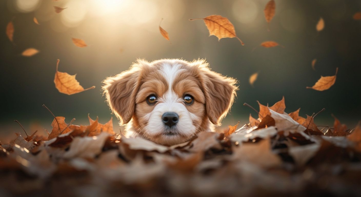 Fluffy Puppy Peeking from Autumn Leaves