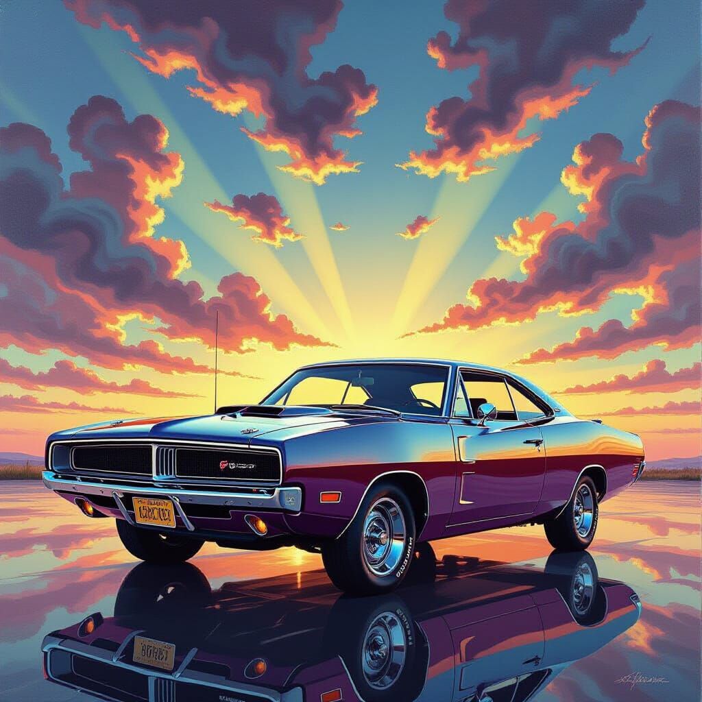 1969 Dodge Charger. Oil painting. The car's chrome gleams un...