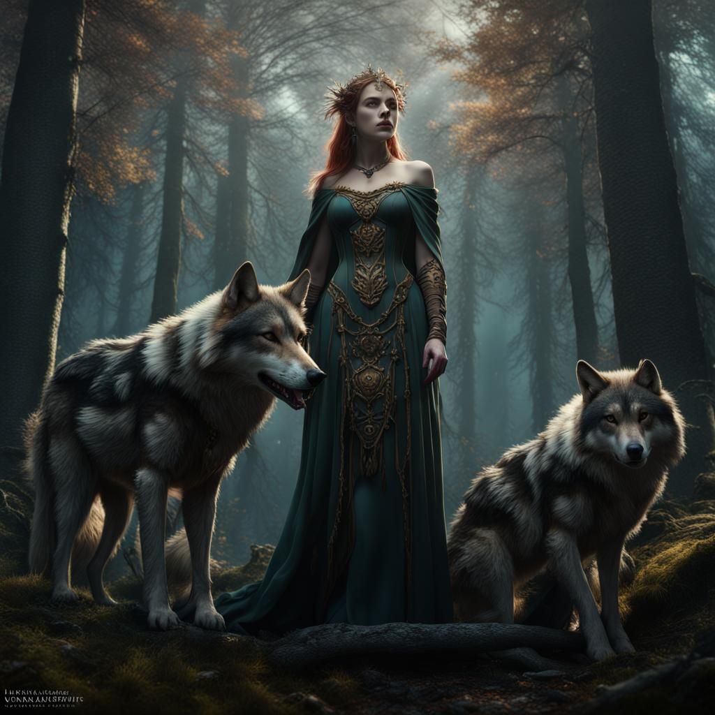 Forest Lady with Wolves: Detailed Matte Painting