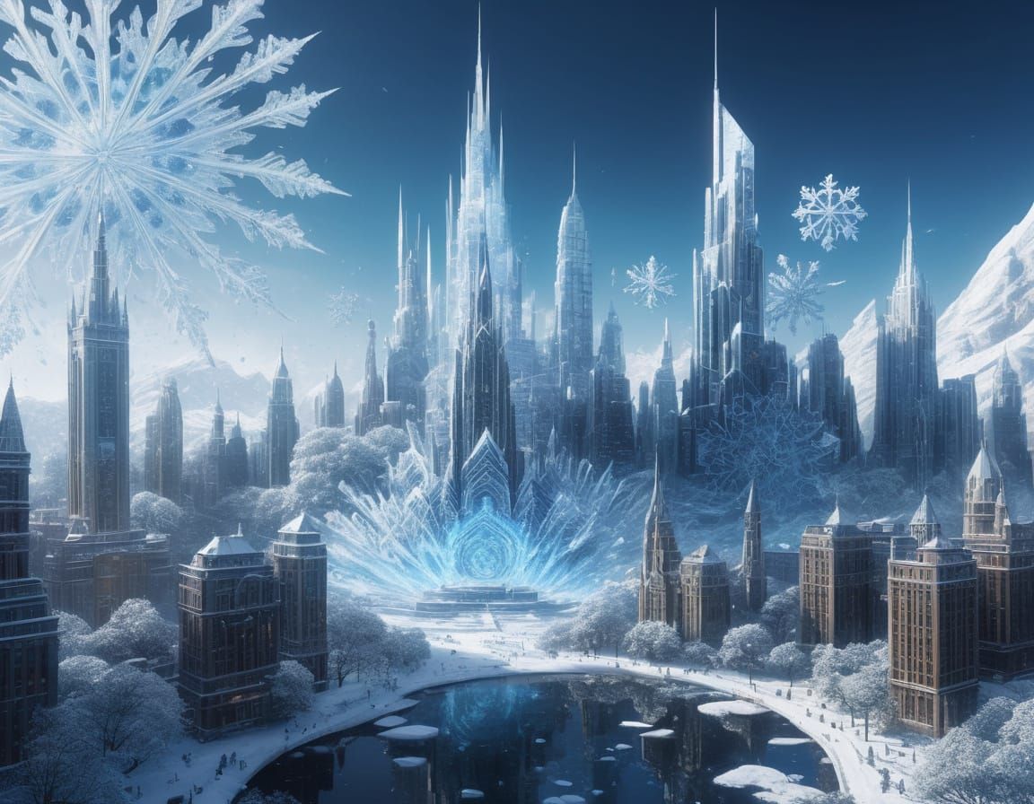 Snowflake City Skyline in Fantasy Concept Art Style