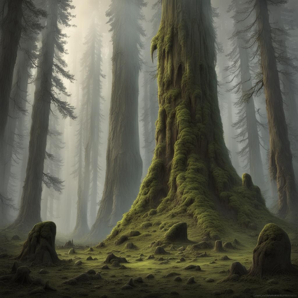 Ancient Redwood Forest Temple with Viking Runes