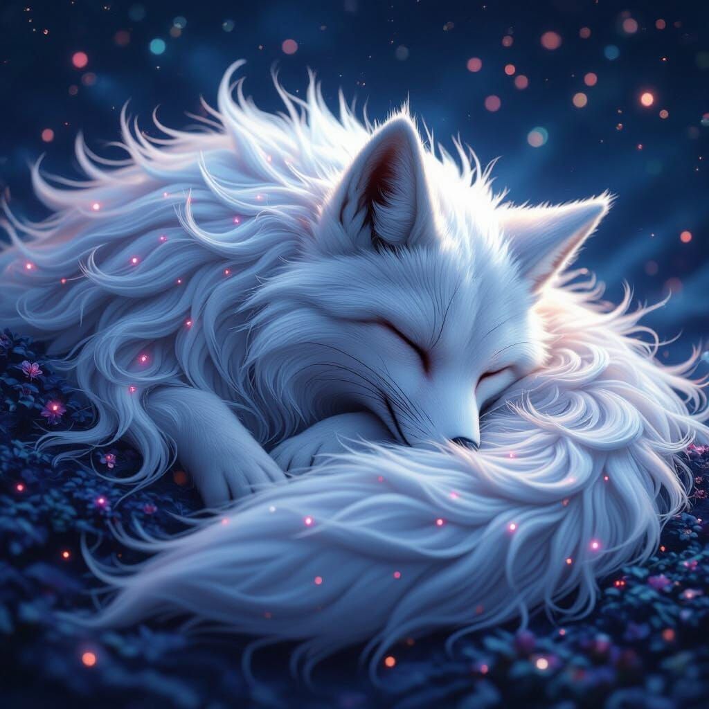 Ancient White Fox Sleeps in Starry Sky Fantasy Art