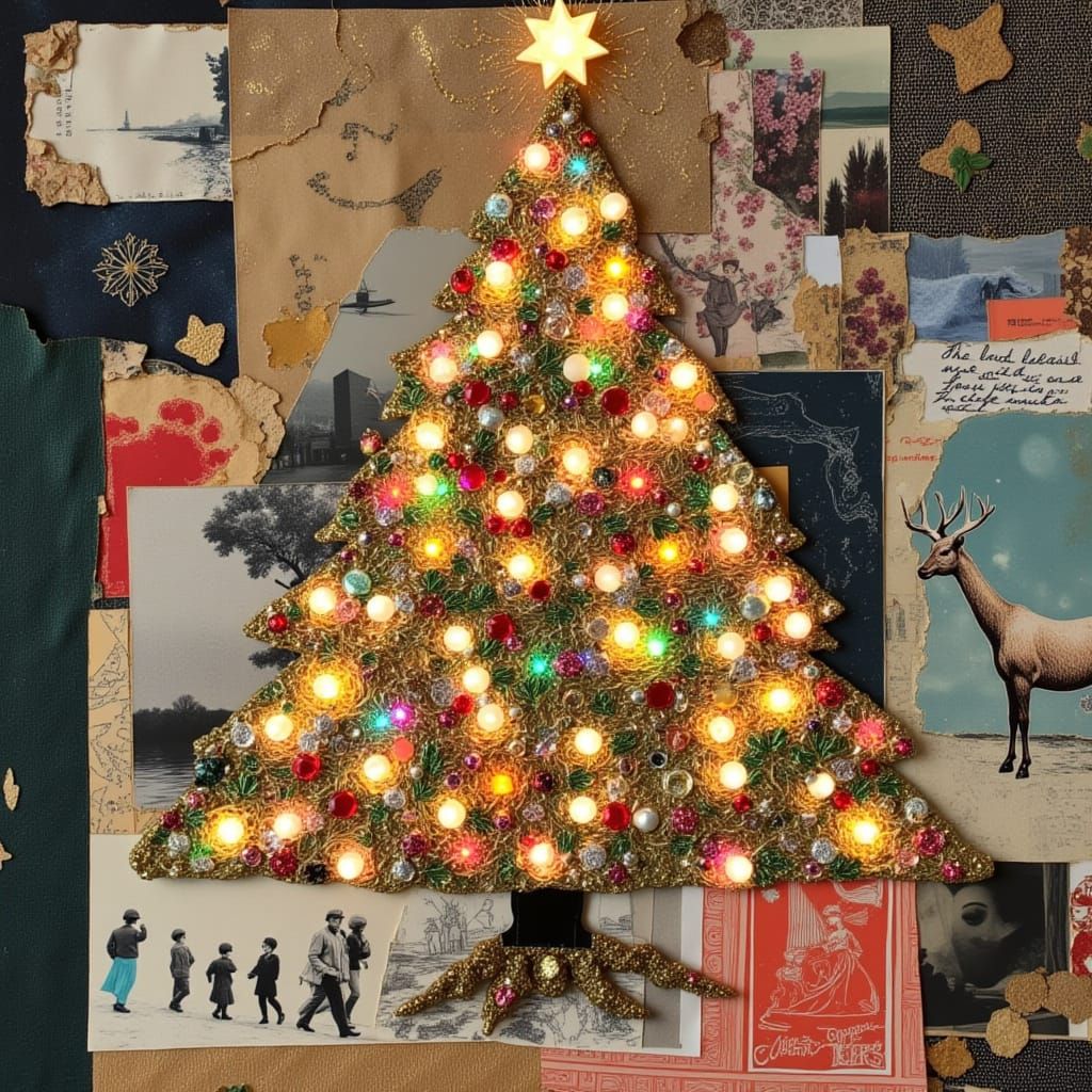 Vibrant Christmas Tree Collage with Flashing Lights