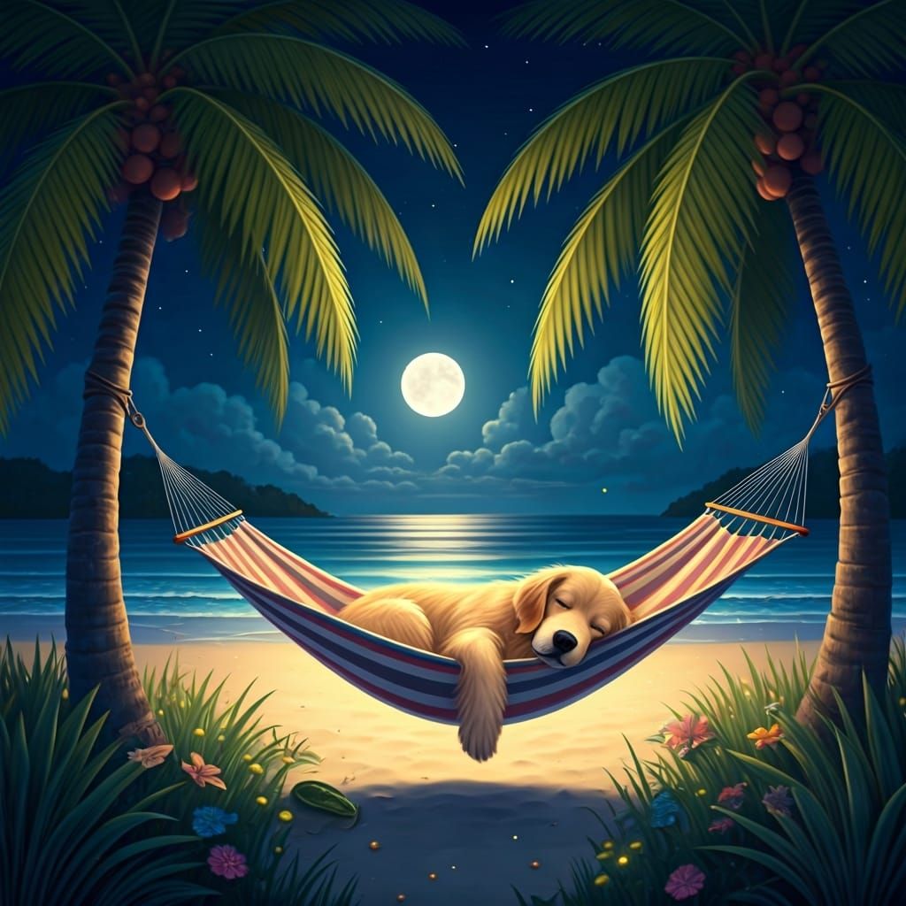 Golden Retriever's Dreamy Beach Hammock Nap