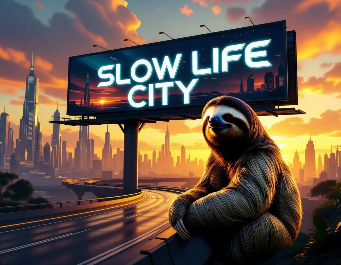 Majestic Sloth at Sci-Fi City Billboard in Golden Hour