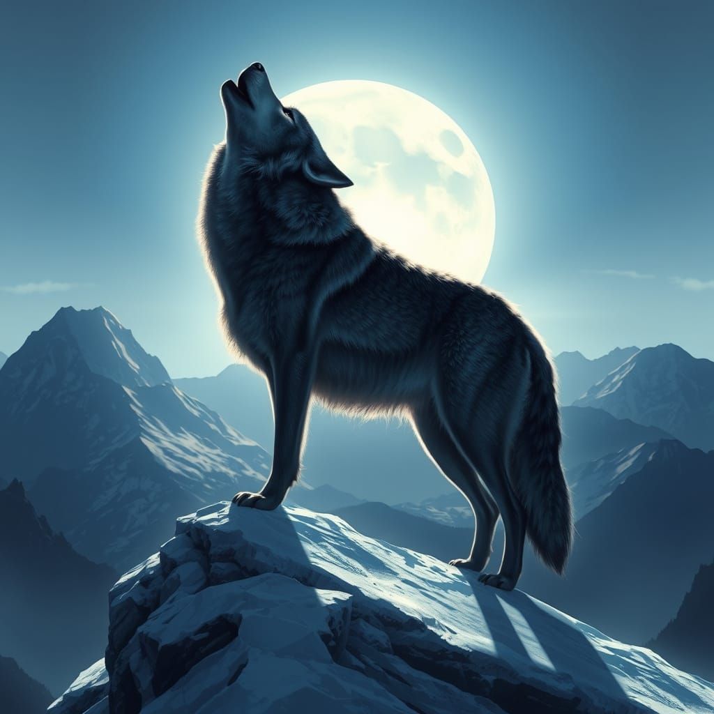Wolf Howling at Moon on Snowy Peak