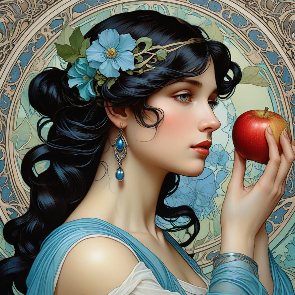 Art Nouveau Aphrodite Contemplates Apple, Painterly Style