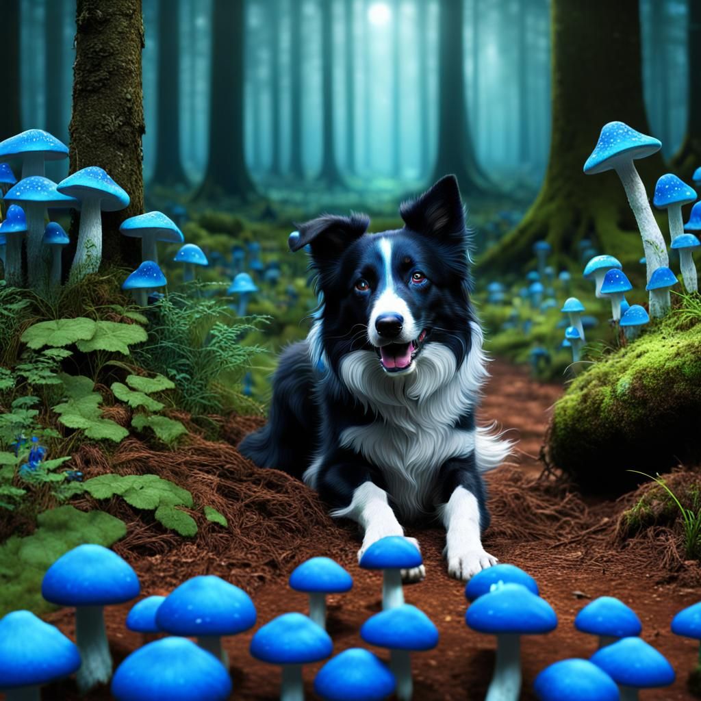 Border Collie and Blue Mushrooms in Forest
