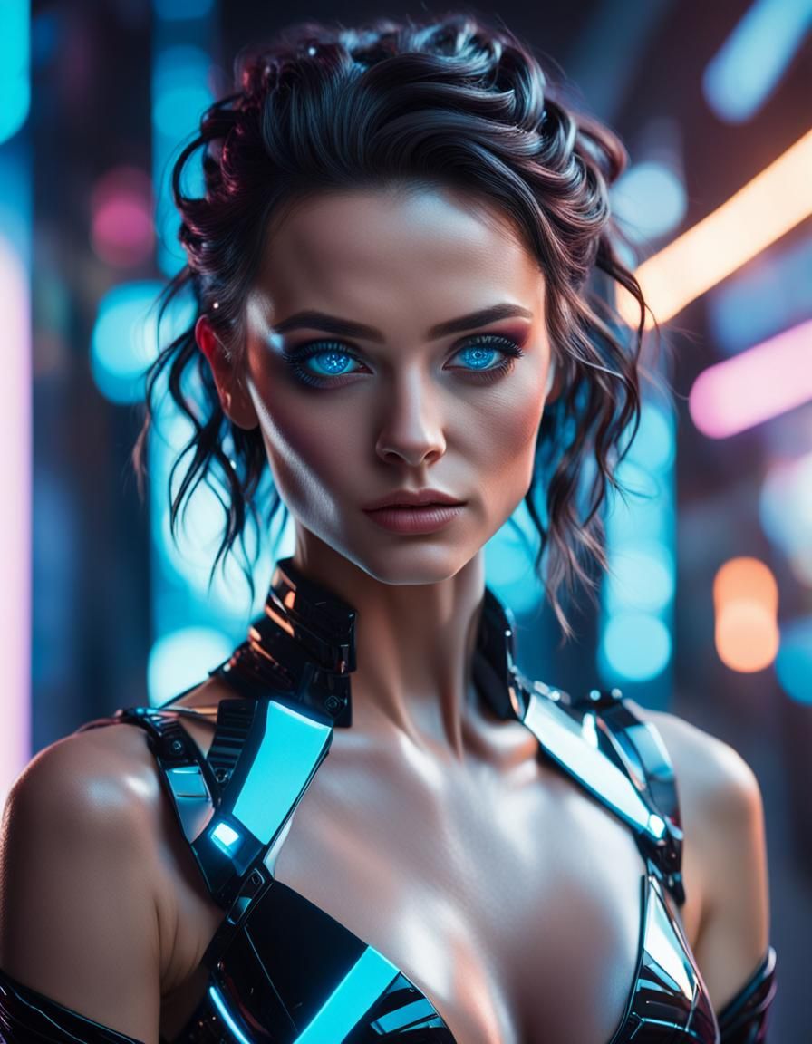 Cyberpunk Portrait of a Woman with Piercing Blue Eyes