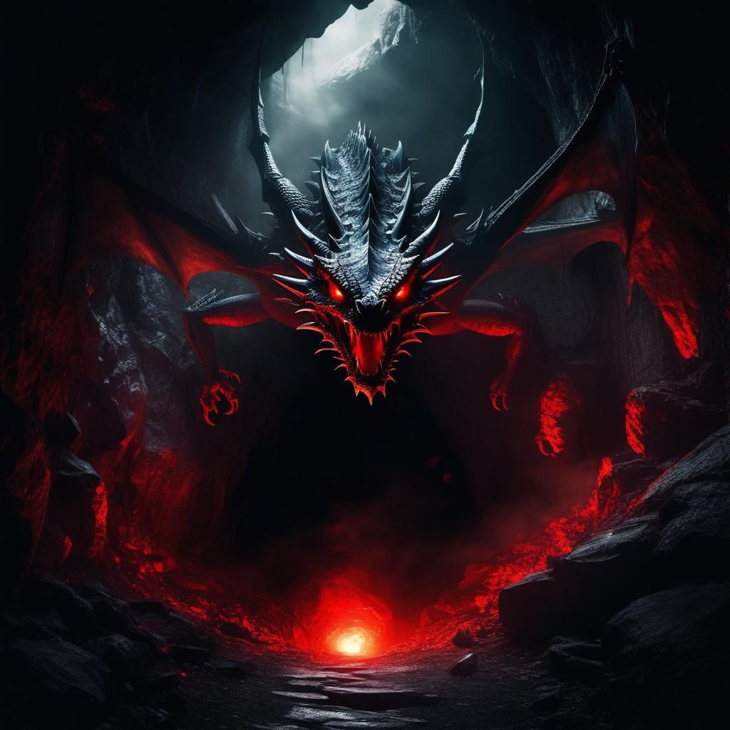 scary entrance to a dark cave, inside glowing red eyes of a dragon, bats dragon breathing fire, fantasy ominous numerous...