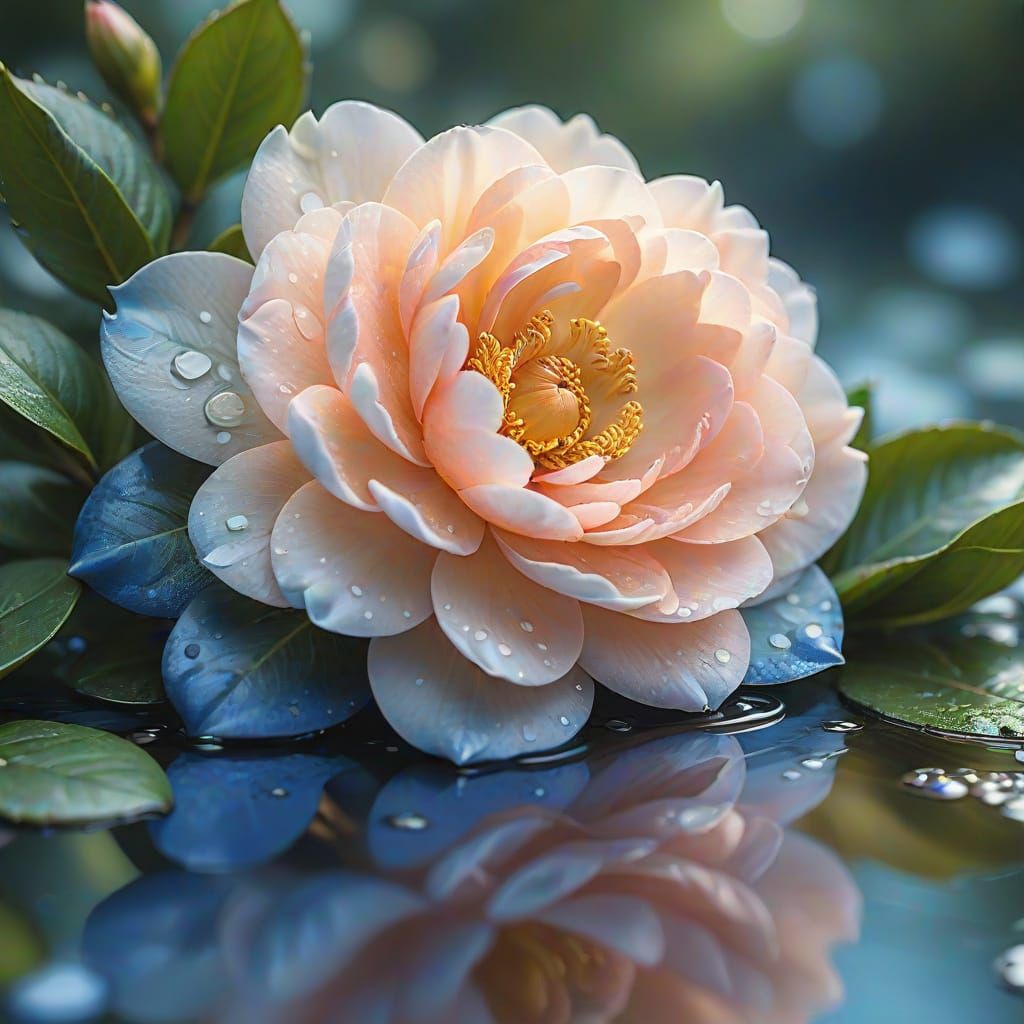 Surreal Peach Camellia Blooms in Serene Blue Reflections