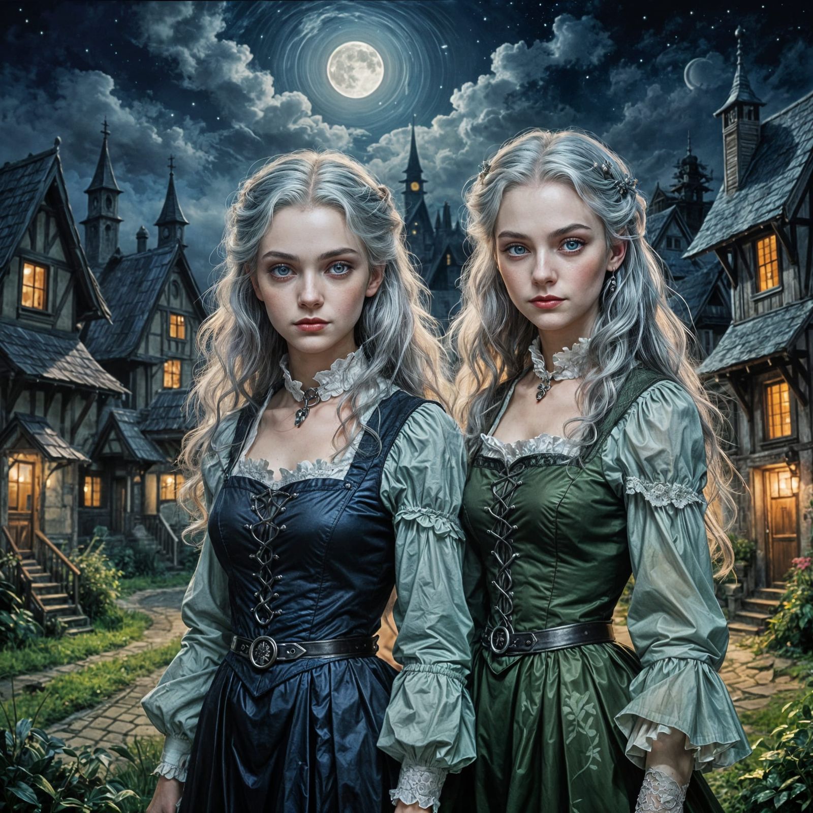 Impressionistic Vampire Sisters in Moonlit Village