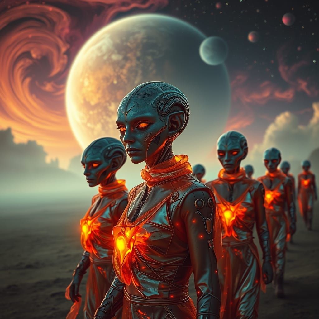 Futuristic Alien Women Journey Through Cosmic Wasteland
