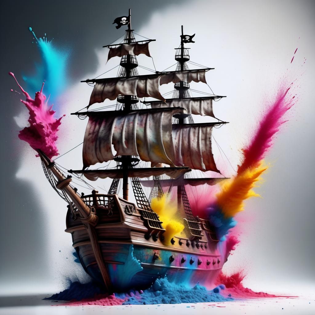 Pirate ship full of powder paint explosion