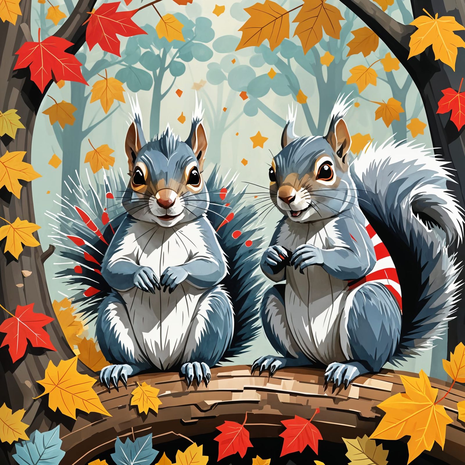 Abstract Art with Two Striped Squirrels and Geometric Tree