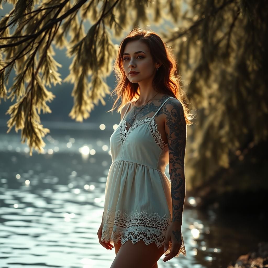 Tattooed Woman by Lake in Sunlight