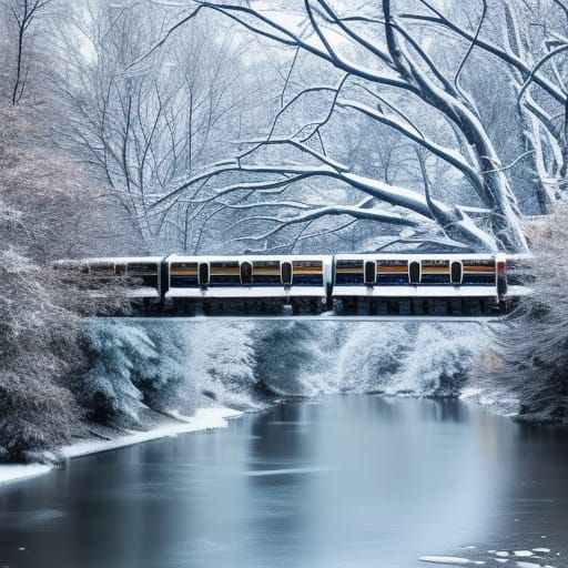 Snowy Winter River Scene with Train and Cat