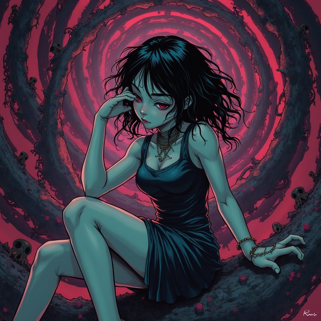 Girl Surrounded by Ominous Spirals in Dark Anime Style