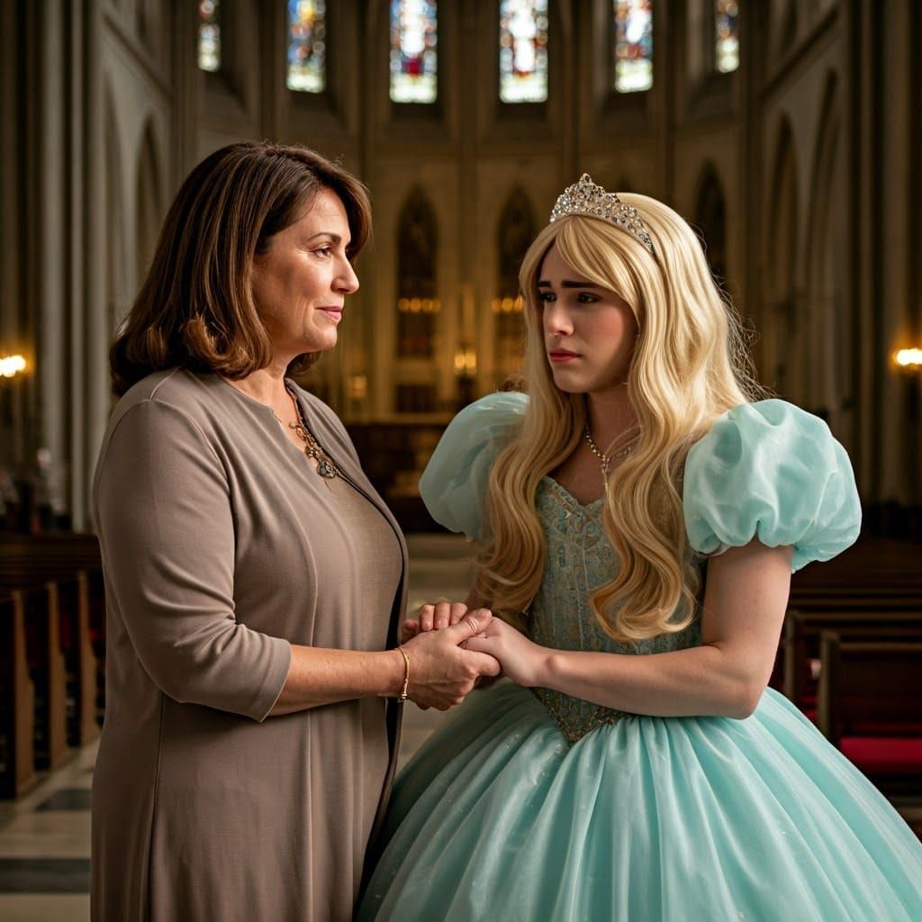 Empathetic Woman Comforts Worried Youth in Elegant Church Se...