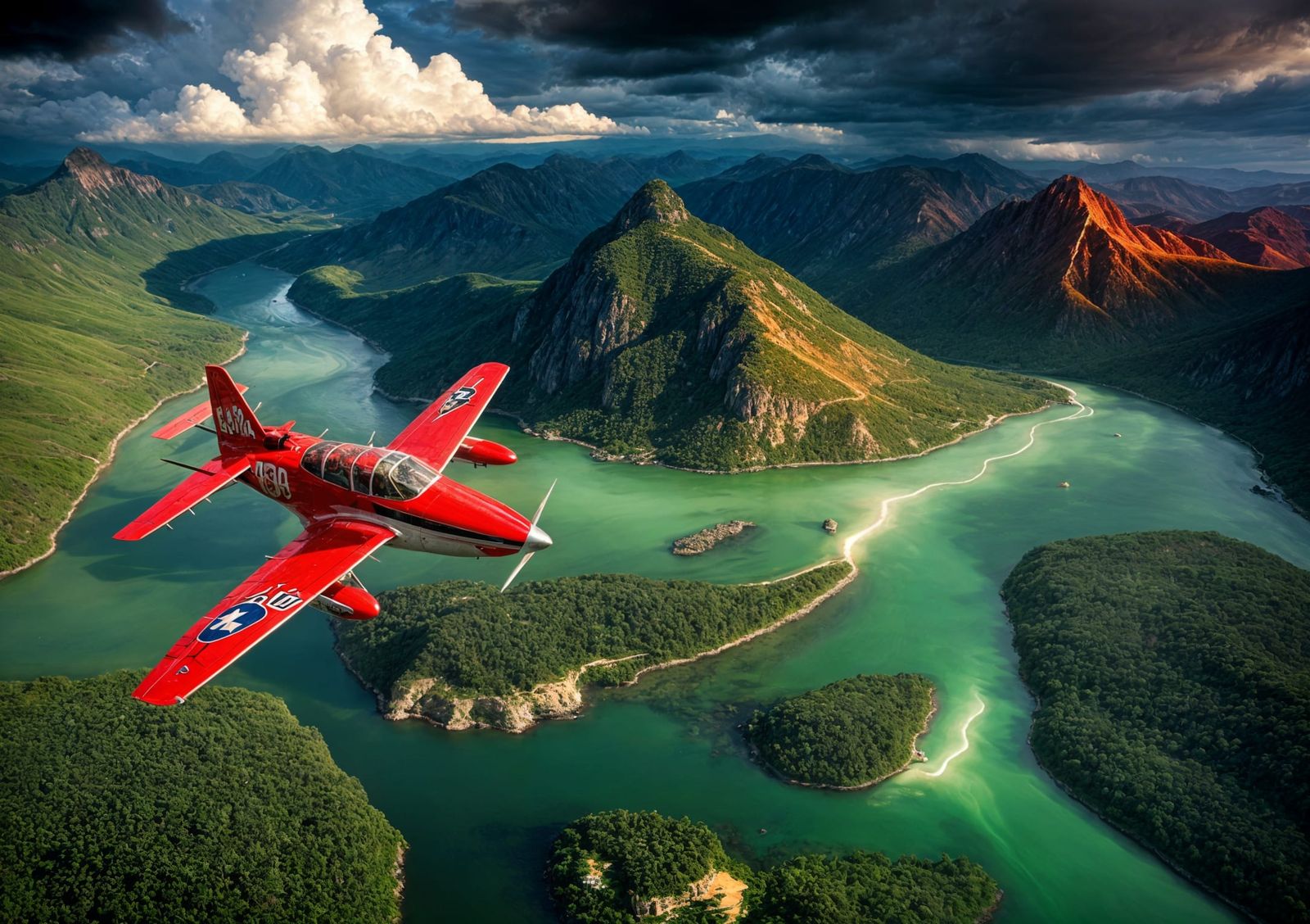 Red Plane Over Green River Under Lightning
