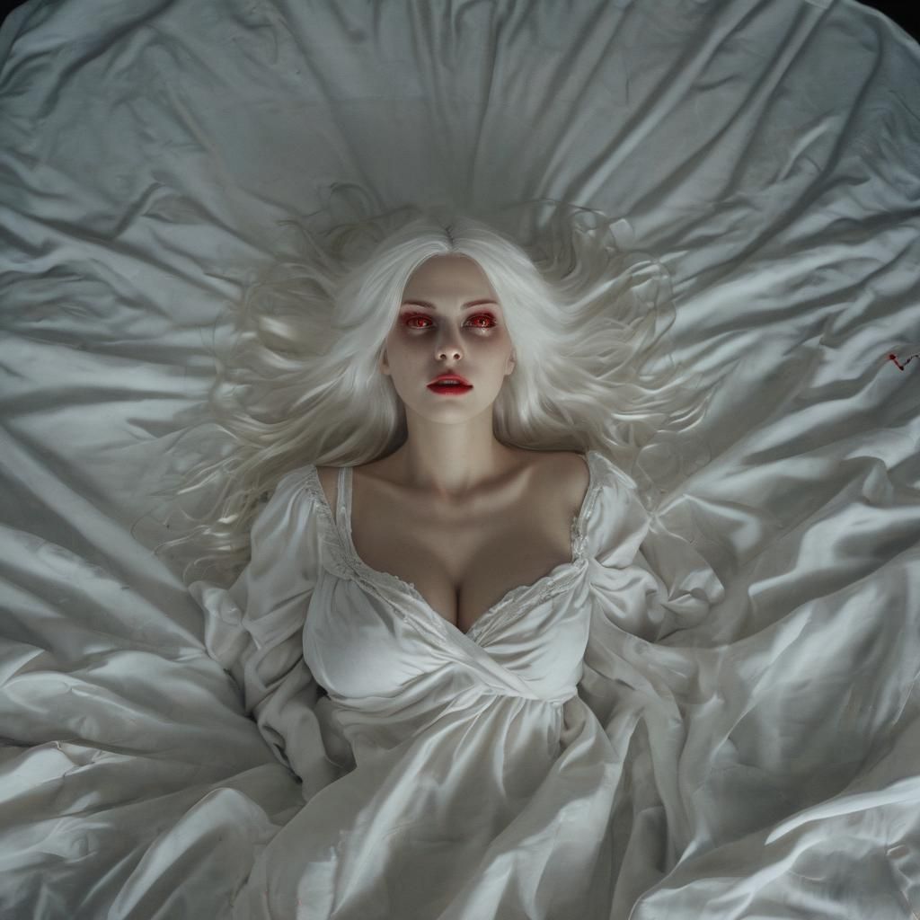 Eerie Gothic Woman with Red Eyes in Surreal Scene