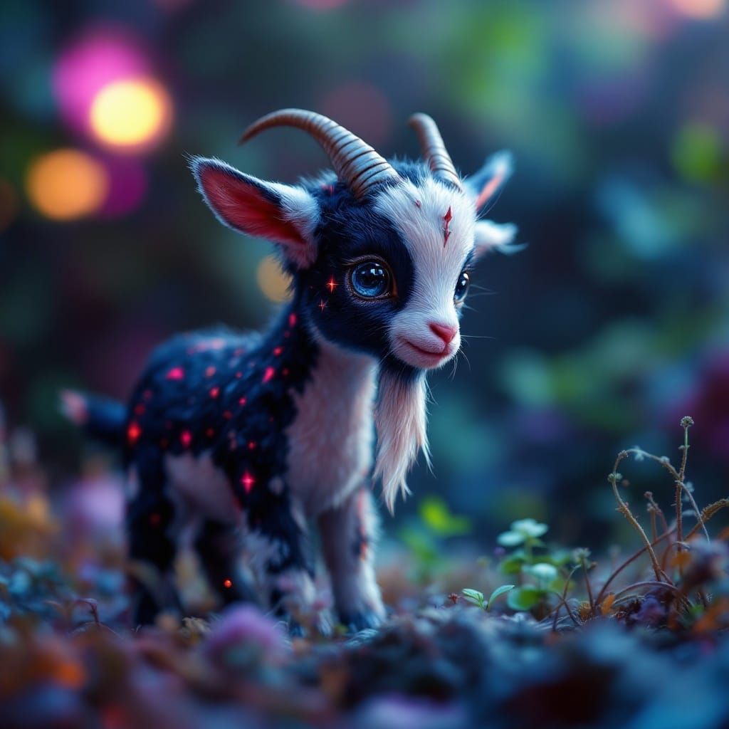 Hyperrealistic Miniature Goat in Futuristic, High-Contrast S...