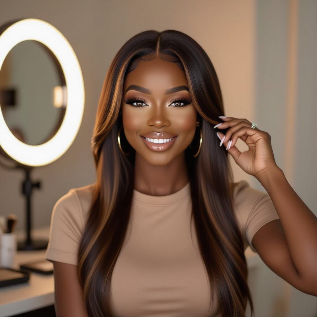 Black Woman Influencer with Chic Style and Ring Light