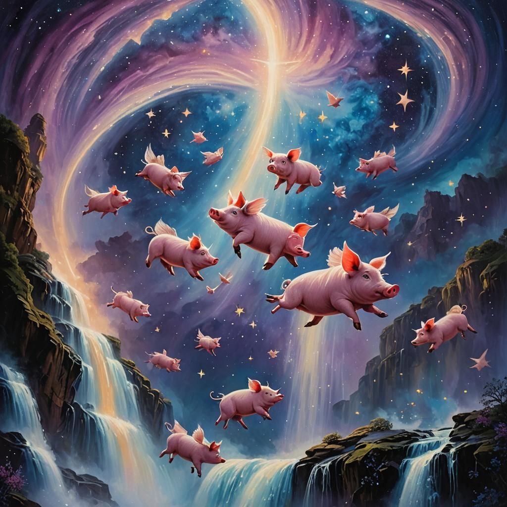 Pigs Fly Around Waterfall of Stars: Surreal Oil Painting