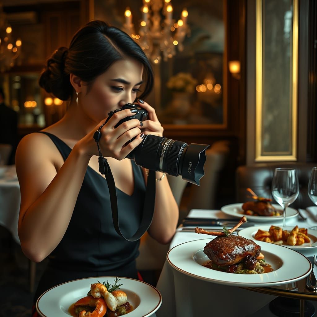 Woman Captures Exquisite Cuisine in Luxurious Restaurant