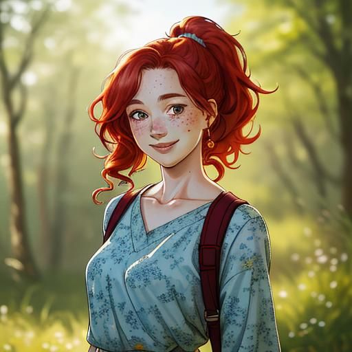 Happy Redhead with Freckles in Dappled Sunlight