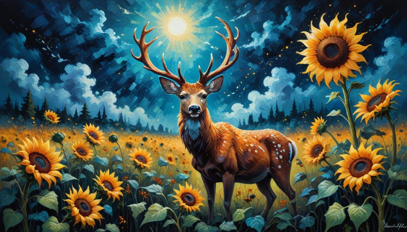 Ghostly Deer Debate Atop Sunflower, Neo-Impressionism