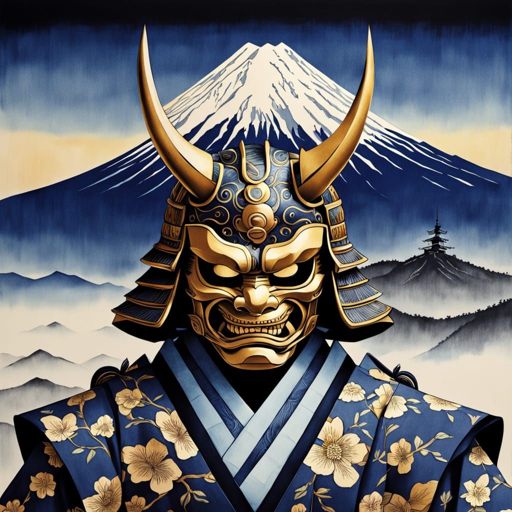 Samurai in Traditional Japanese Woodblock Print Style