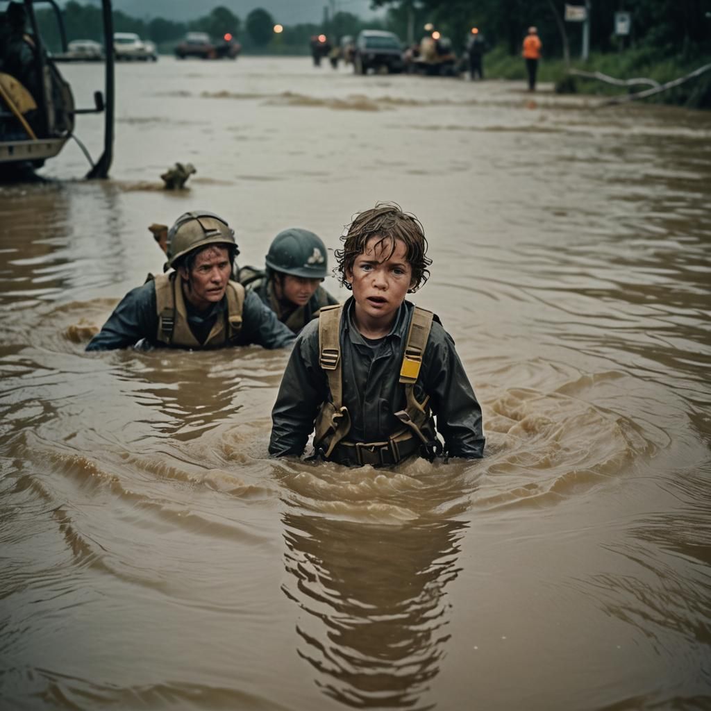 Child Rescue from Flood: Cinematic Film Still