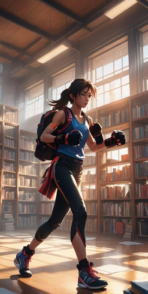 Girl Kickboxing with Books