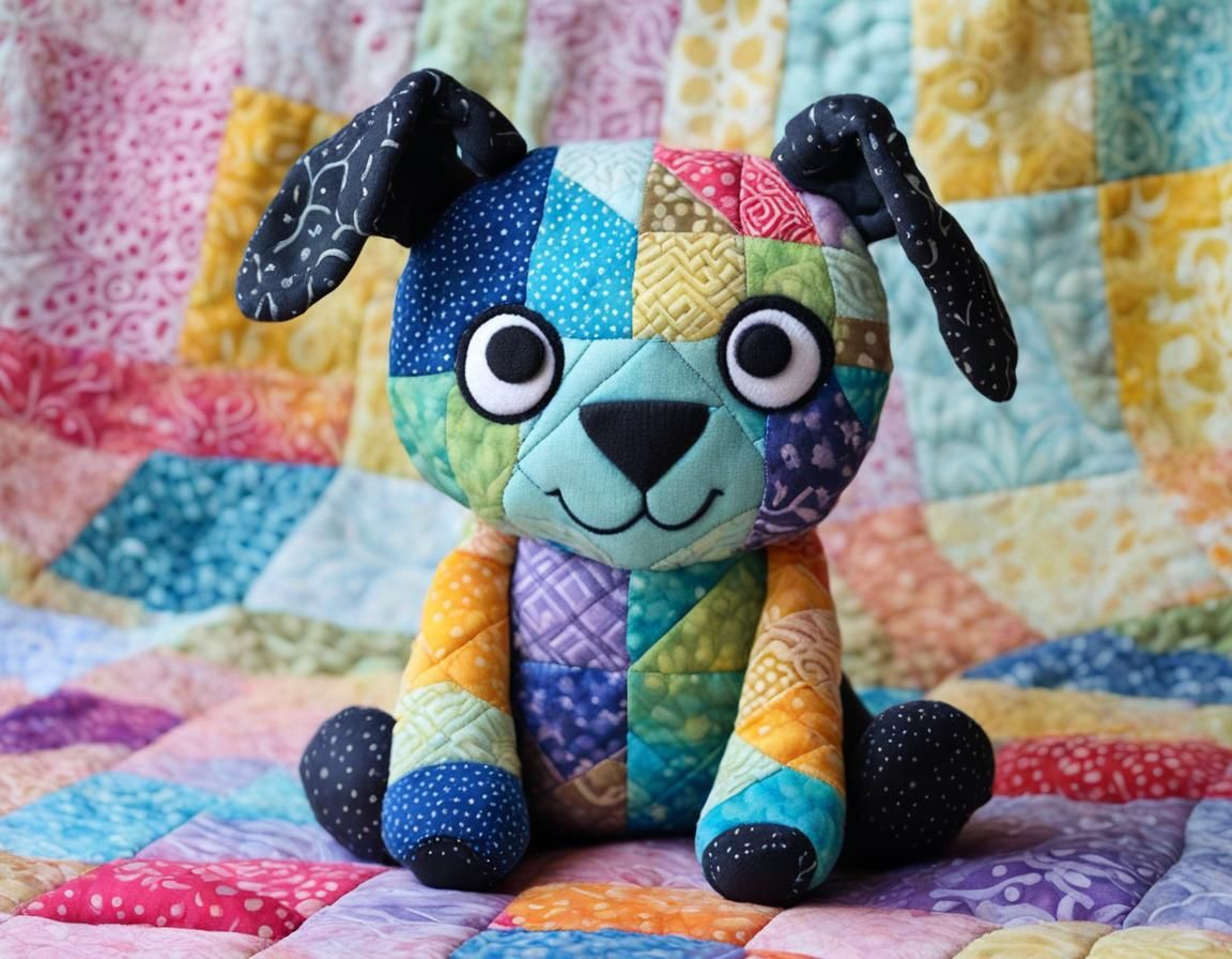 Cute Plush Creature and Puppy in Batik Patchwork Style