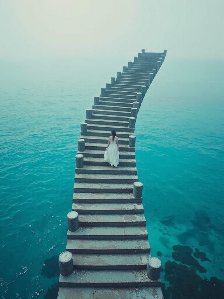 Ethereal Staircase to Ocean in Digital Art Style