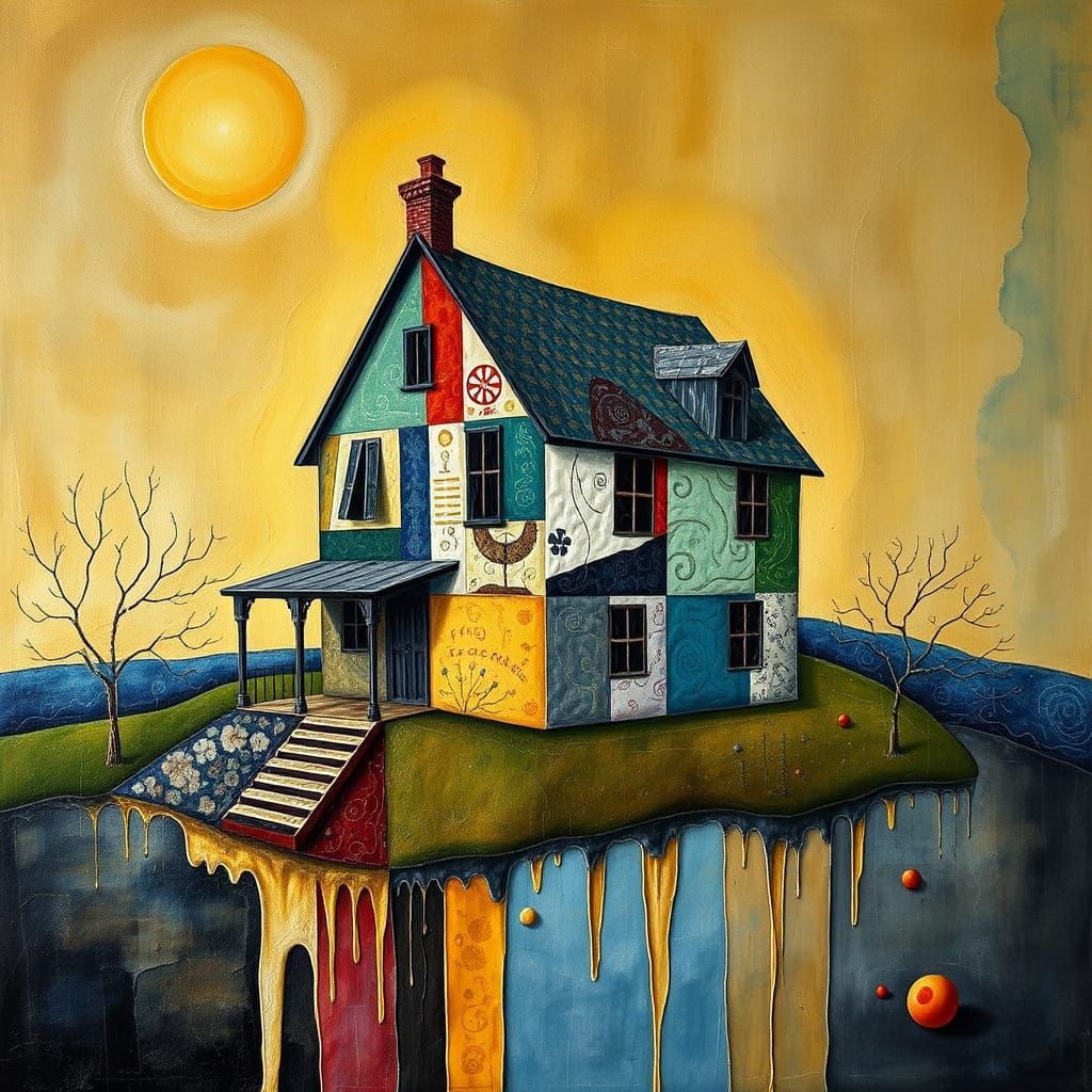 Surrealist Patchwork House in a Melting Oil Landscape
