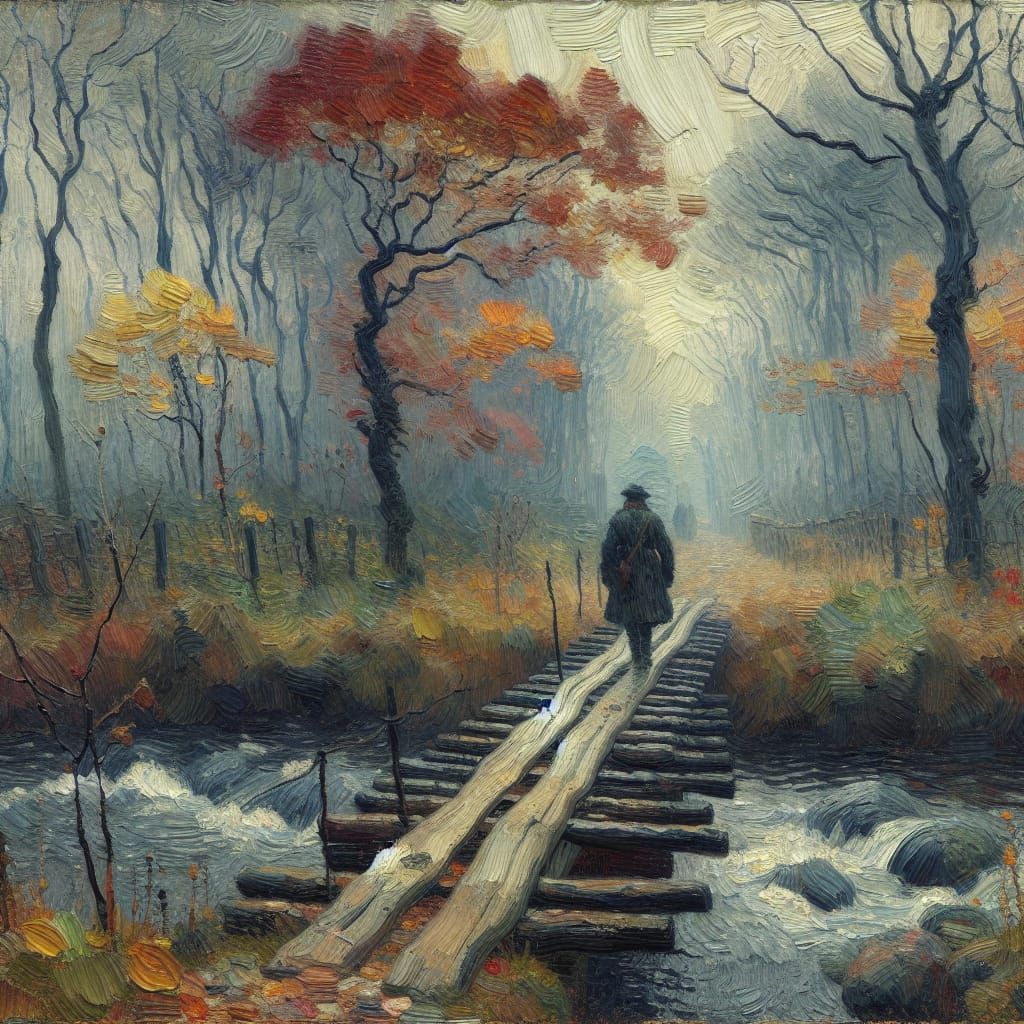 Rustic Oil Painting of Figure on Bridge in Autumn Mist