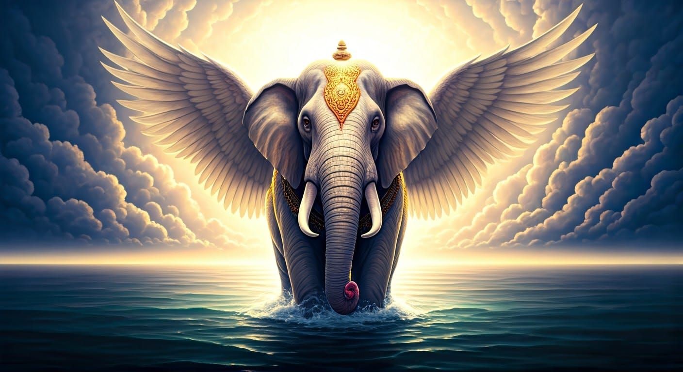Divine White Elephant Ascends from Sacred Waters in Whimsica...