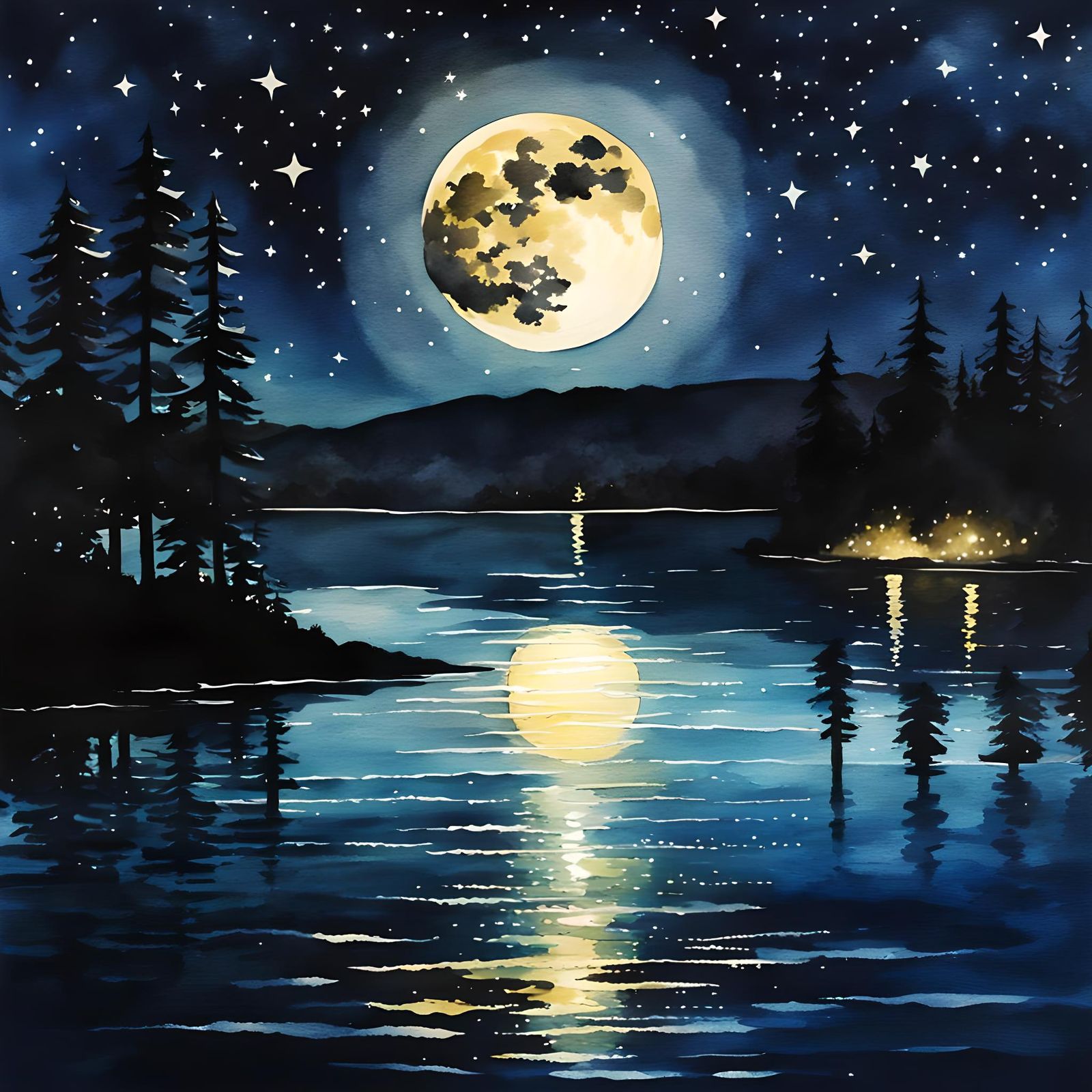 Shimmering Lake Under Moonlit Sky in Watercolor