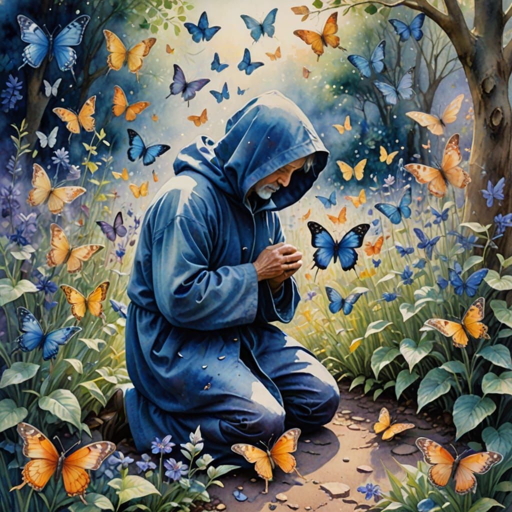 Hooded Figure in Ethereal Garden, Indigo & Pastel Watercolor...