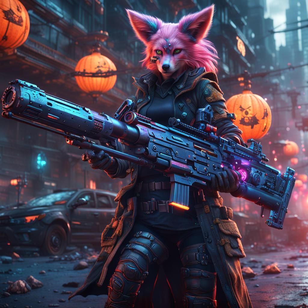 Cyberpunk Kitsune Witch with Grenade Launcher
