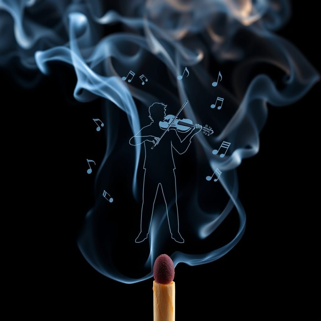 Ethereal Smoke Figure Plays Violin Amidst Whirling Musical N...