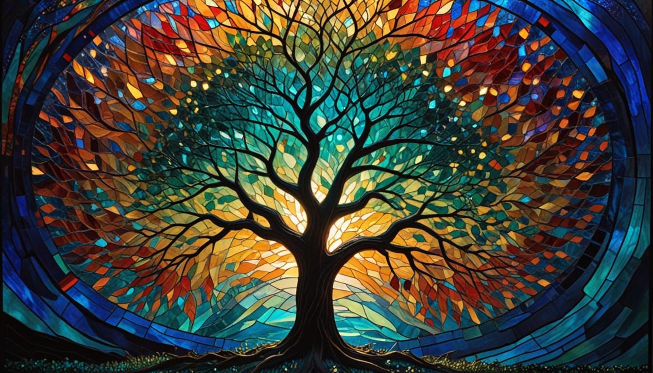 Vibrant Stained Glass Tree in Kaleidoscopic Prism