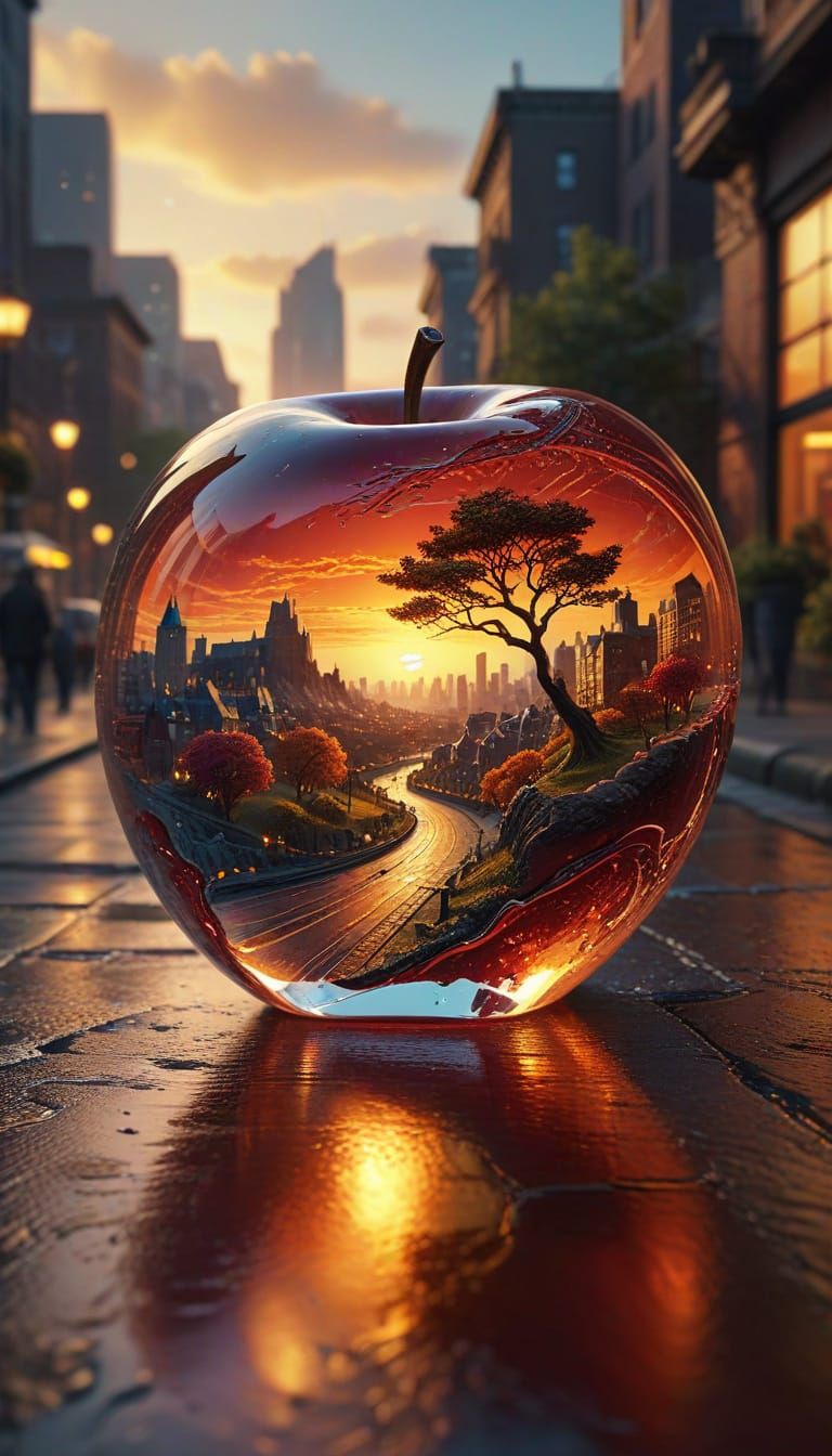Glass Apple at Sunset with Cityscape Inside and Outside